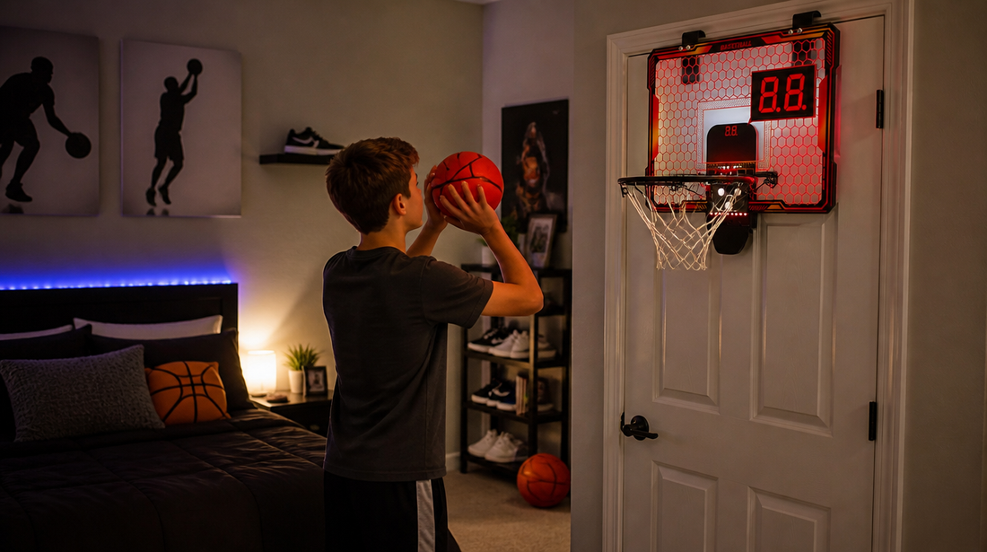 Best mini basketball hoops for bedrooms in 2026 featuring the Room Hoop LED mini basketball hoop in a teen bedroom