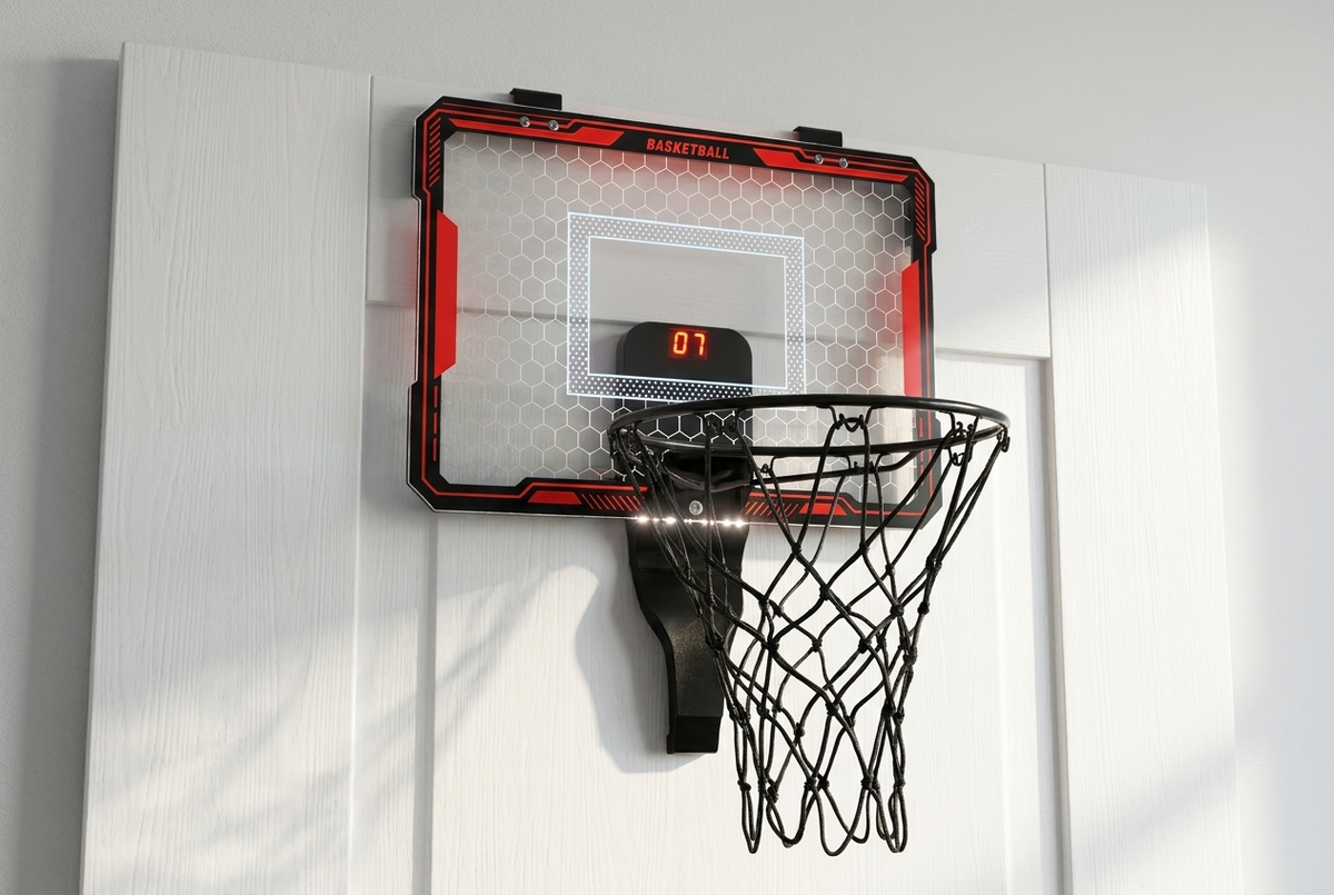 A compact basketball hoop with a red and black frame, mounted on a white paneled wall.