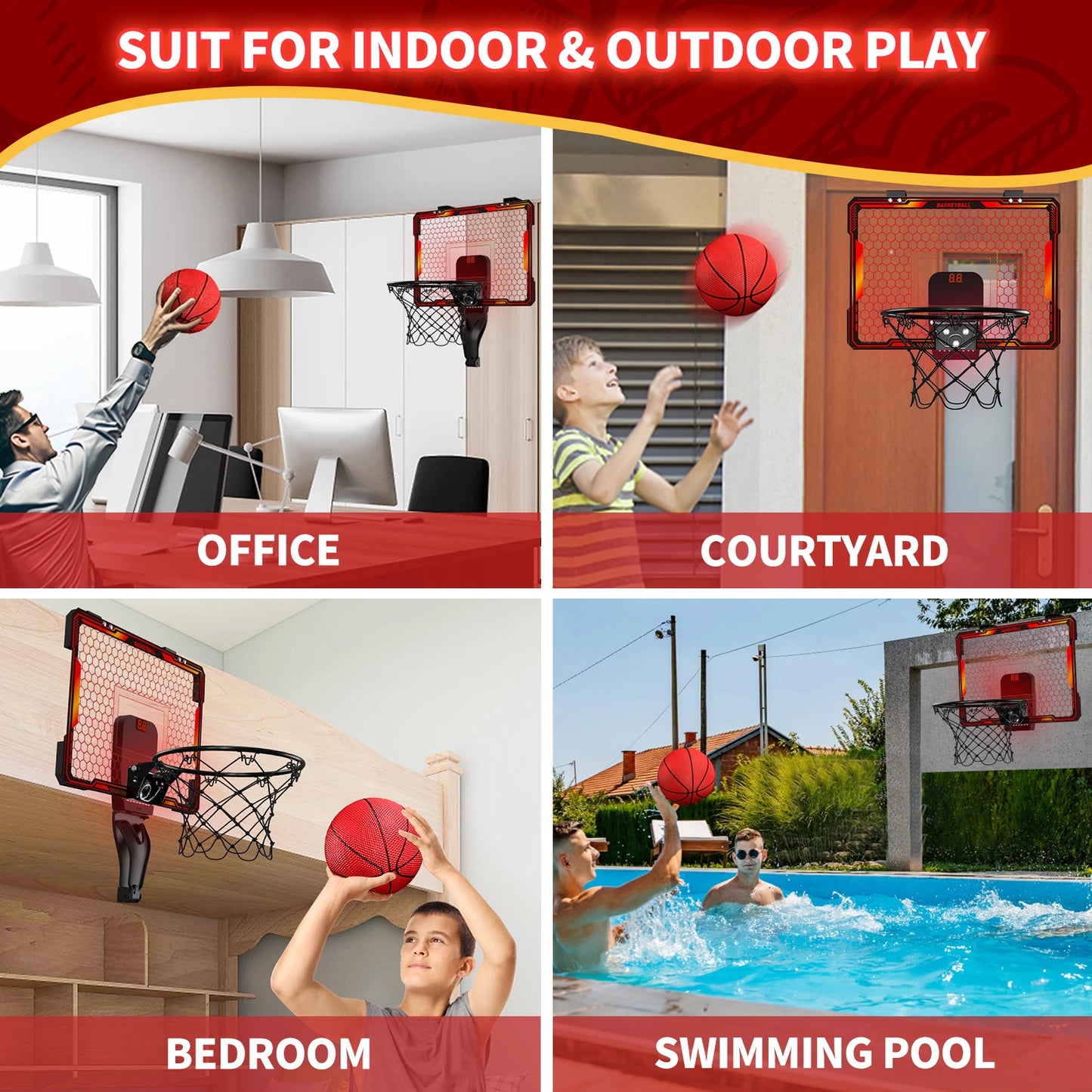 Mountable Mini Basketball Hoop Set with LED Lights & Scoreboard