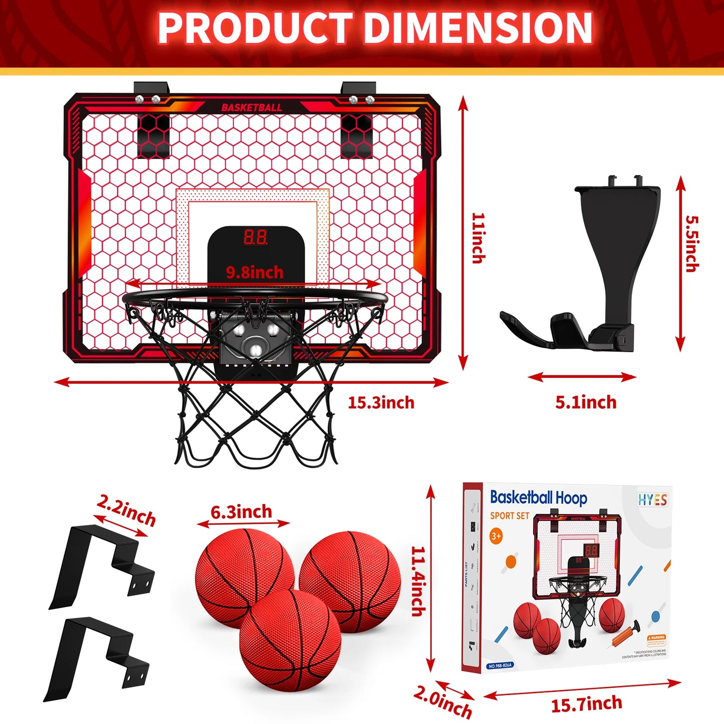 Mountable Mini Basketball Hoop Set with LED Lights & Scoreboard