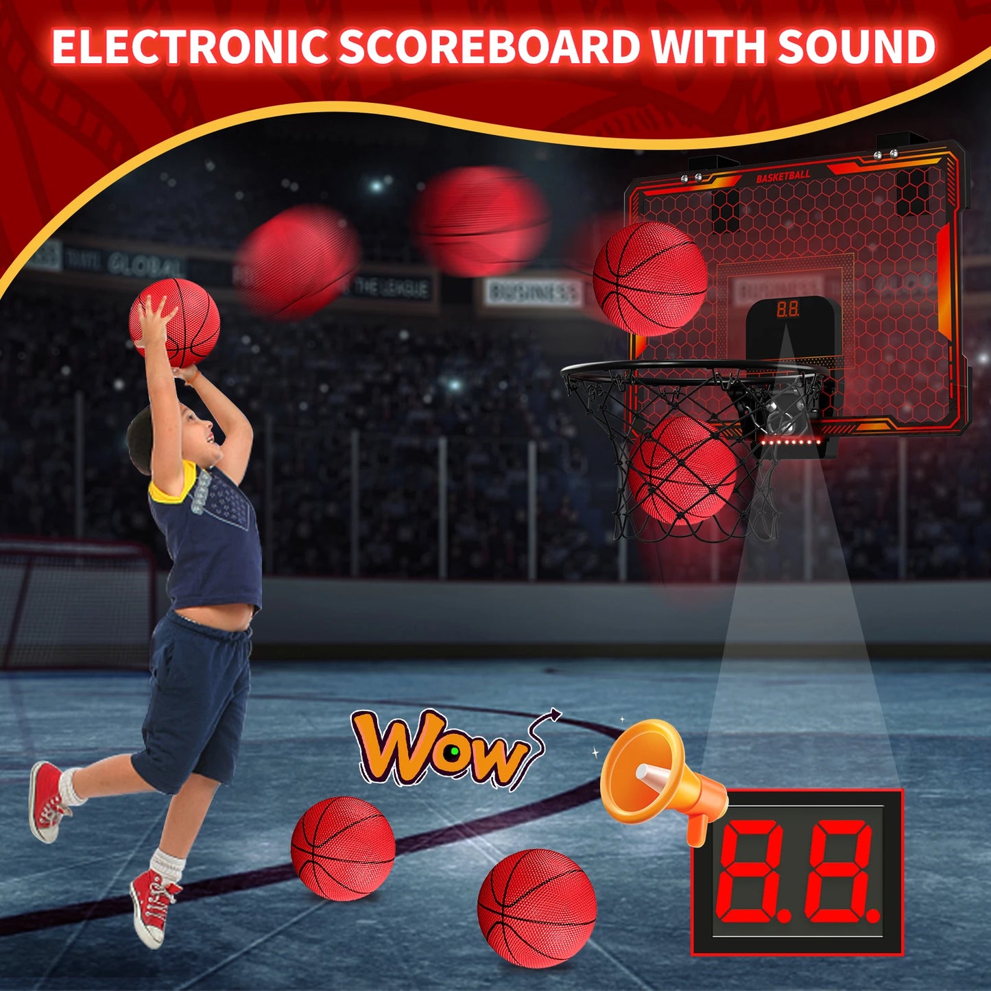 Mountable Mini Basketball Hoop Set with LED Lights & Scoreboard
