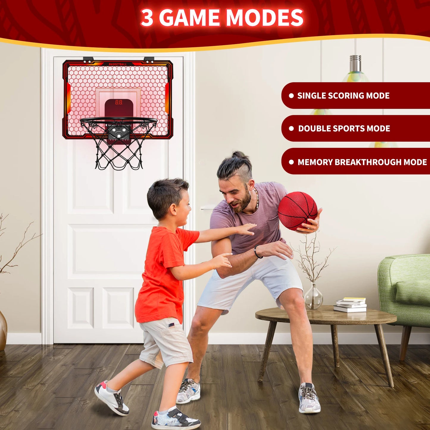 Mountable Mini Basketball Hoop Set with LED Lights & Scoreboard